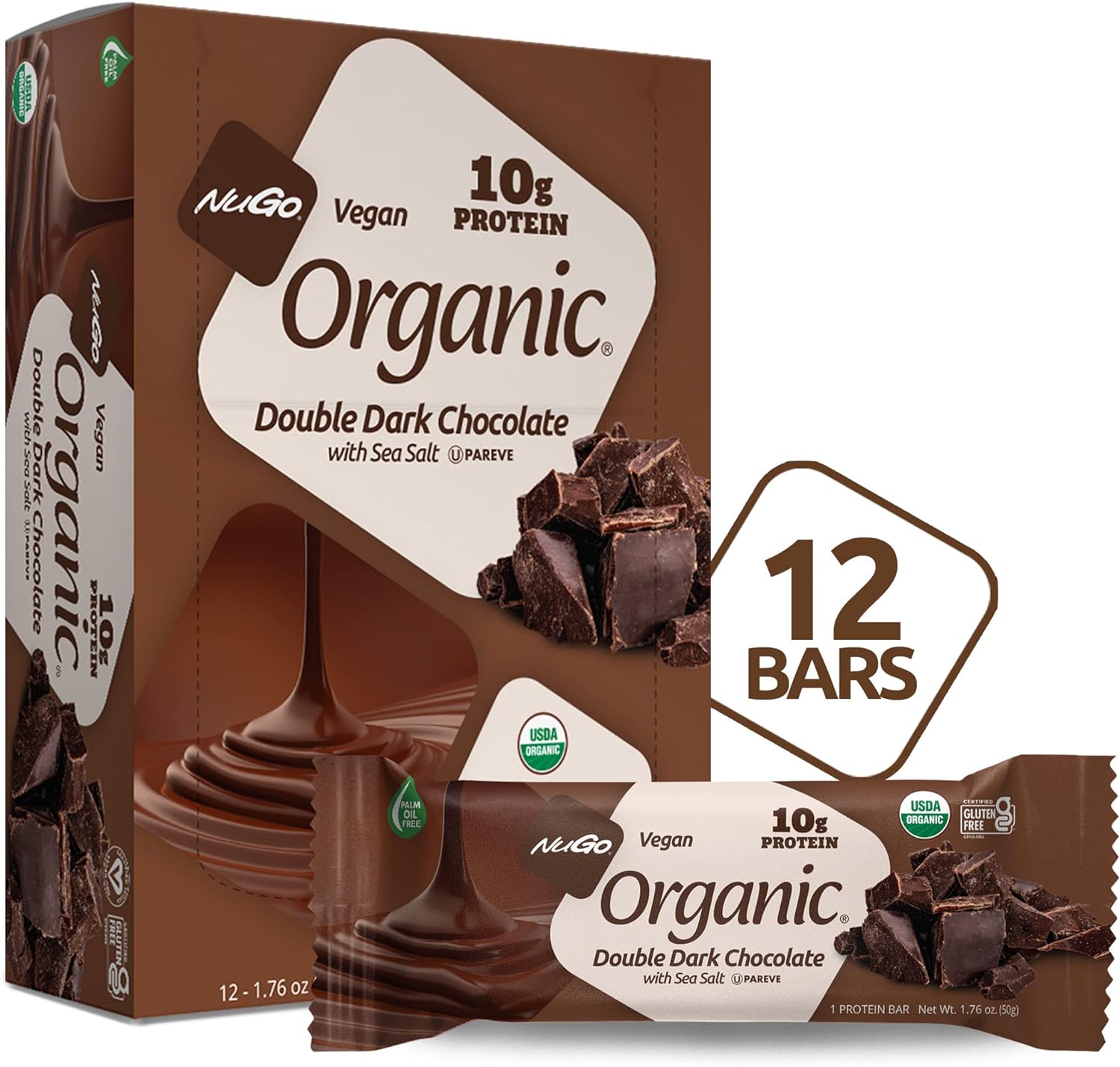 NuGo Organic Double Dark Chocolate with Sea Salt, 10 Protein Bar, Vegan, Gluten Free, Non-GMO, Kosher Pareve, 12 Count