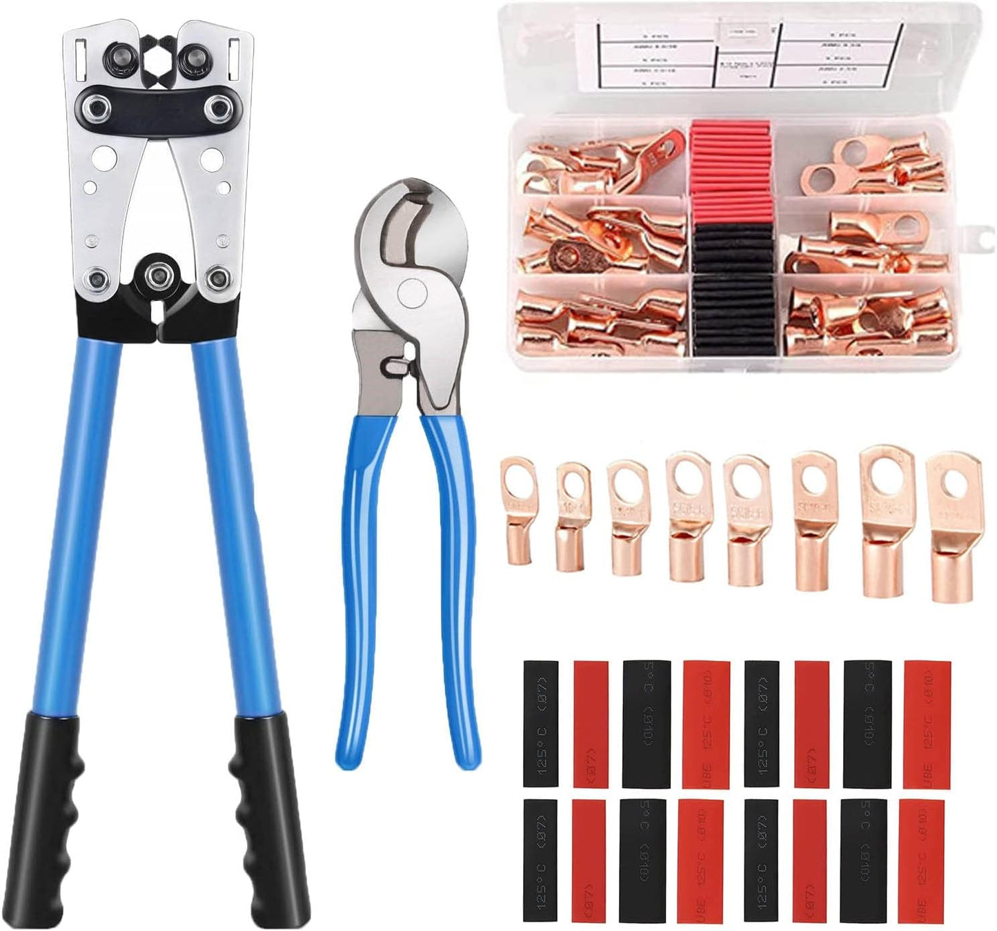 Battery Cable Lug Crimping Tool with 1 Battery Lug Crimper 1 Cable Cutter 60 Pcs Battery Cable Lugs 60 Pcs Heat Shrink Wire Connectors for 8, 6, 4 Awg