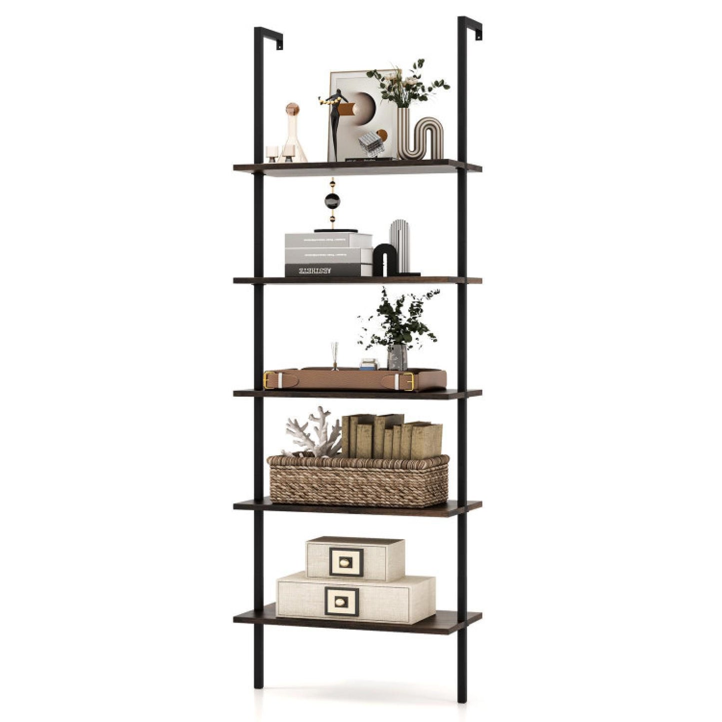 5 Tier Ladder Shelf Wall-mounted Bookcase With Steel Frame