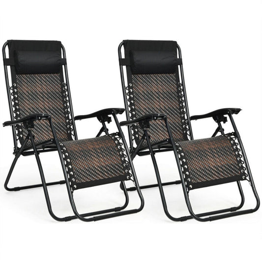 2 Pieces Folding Patio Rattan Zero Gravity Lounge Chair