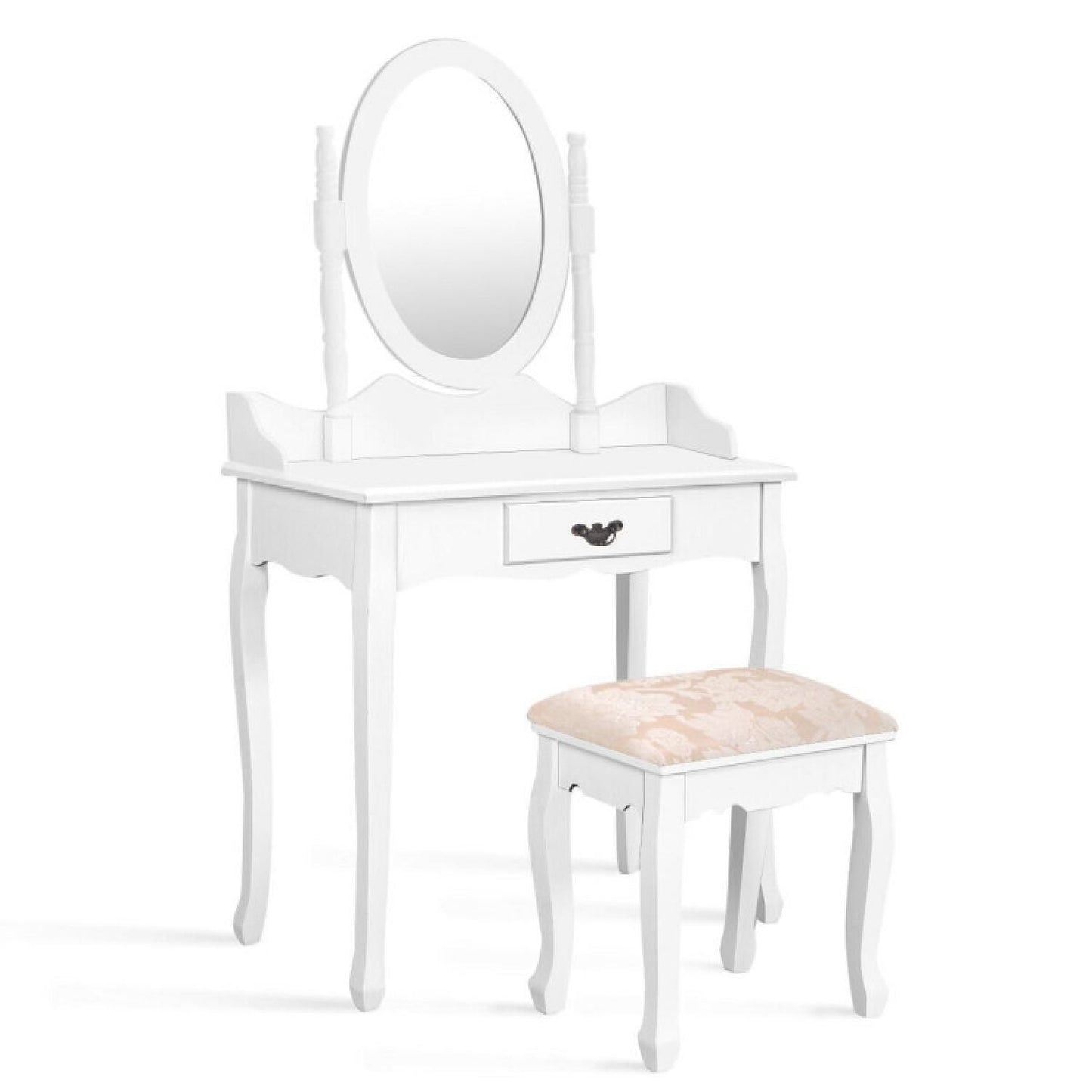 Wooden Vanity Table Set With Oval Mirror And Cushioned Stool