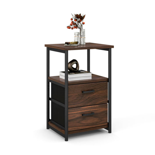 3-tier Retro Nightstand With 2 Removable Fabric Drawers And Open Shelf