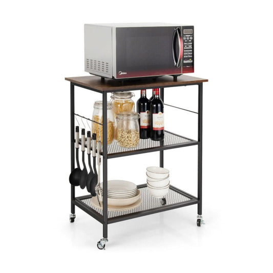 3-tier Kitchen Serving Cart Utility Standing Microwave Rack With Hooks Brown