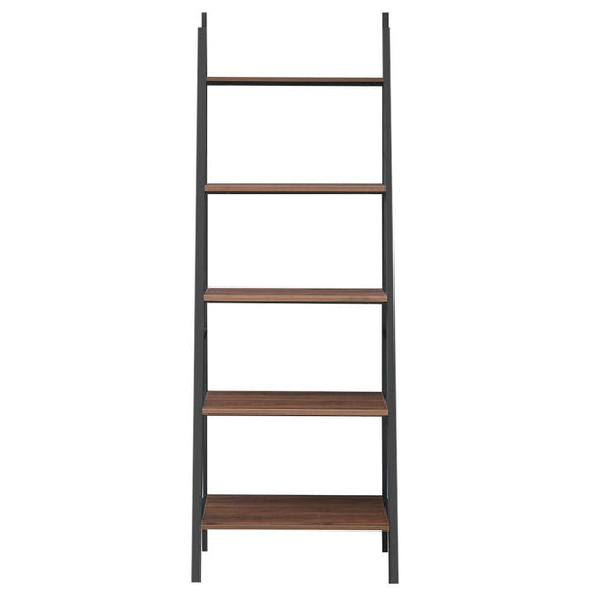 5 Tier Leaning Bookshelf Wood Metal Bookcase