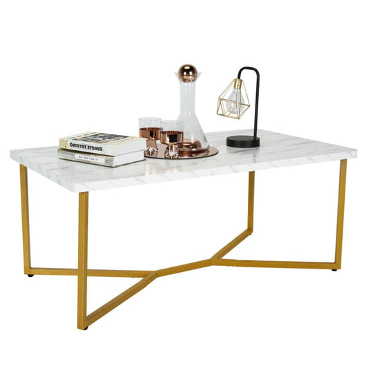 White Faux Marble Coffee Table With Gold Finished Metal Frame