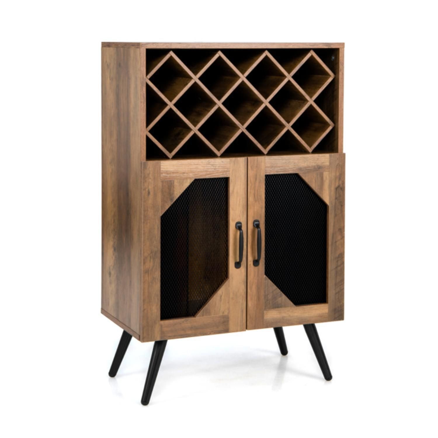 2-door Farmhouse Kitchen Storage Bar Cabinet With Wine Rack And Glass Holder