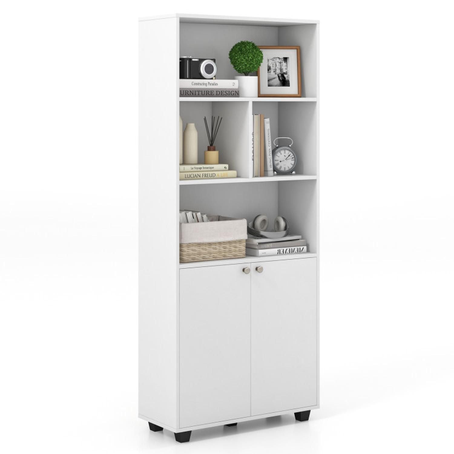 66 Inch Tall Double-door Bookcase With Adjustable Shelf And Storage Cubes-white