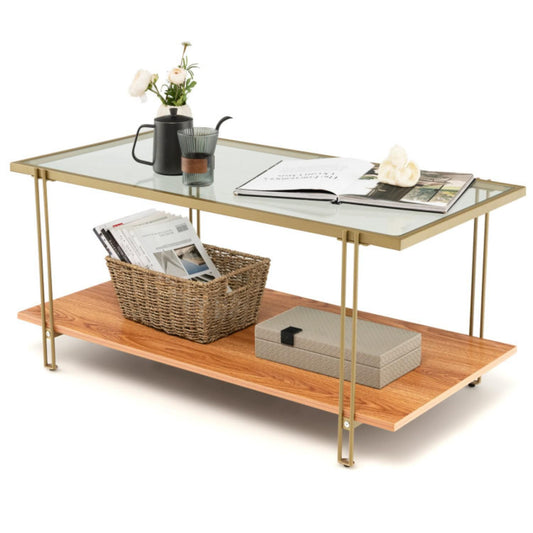 2 Tiers Rectangle Glass Coffee Table With White And Gold Steel Frame