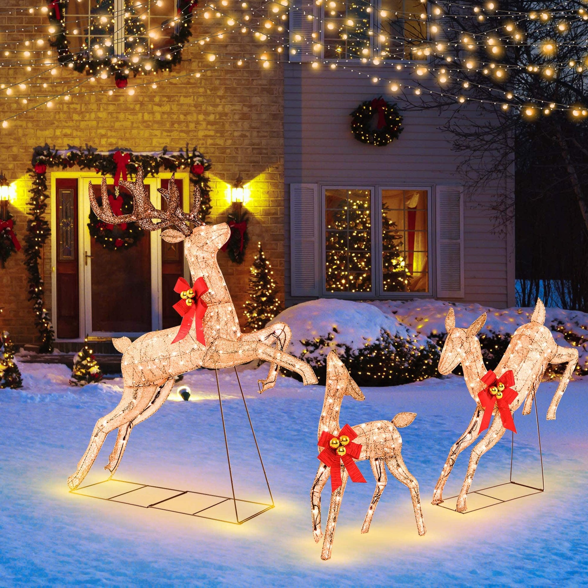 Costway 3 PCS Lighted Christmas Reindeer Family Set Holiday Decoration with 255 Lights