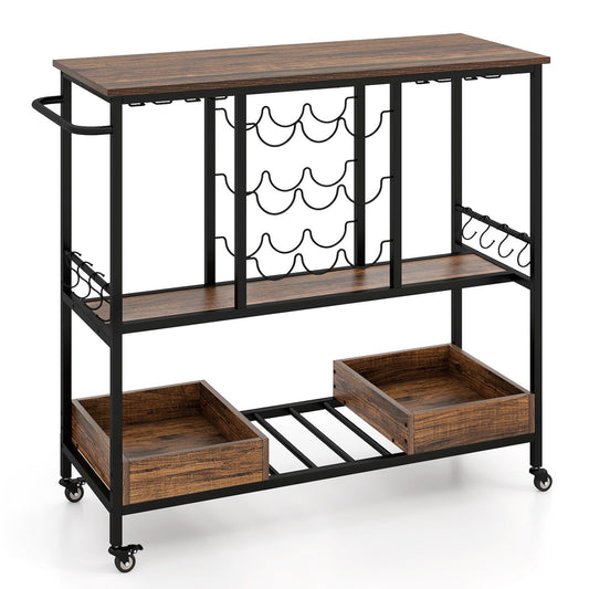 3 Tiers Bar Cart On Wheels With Glass Racks