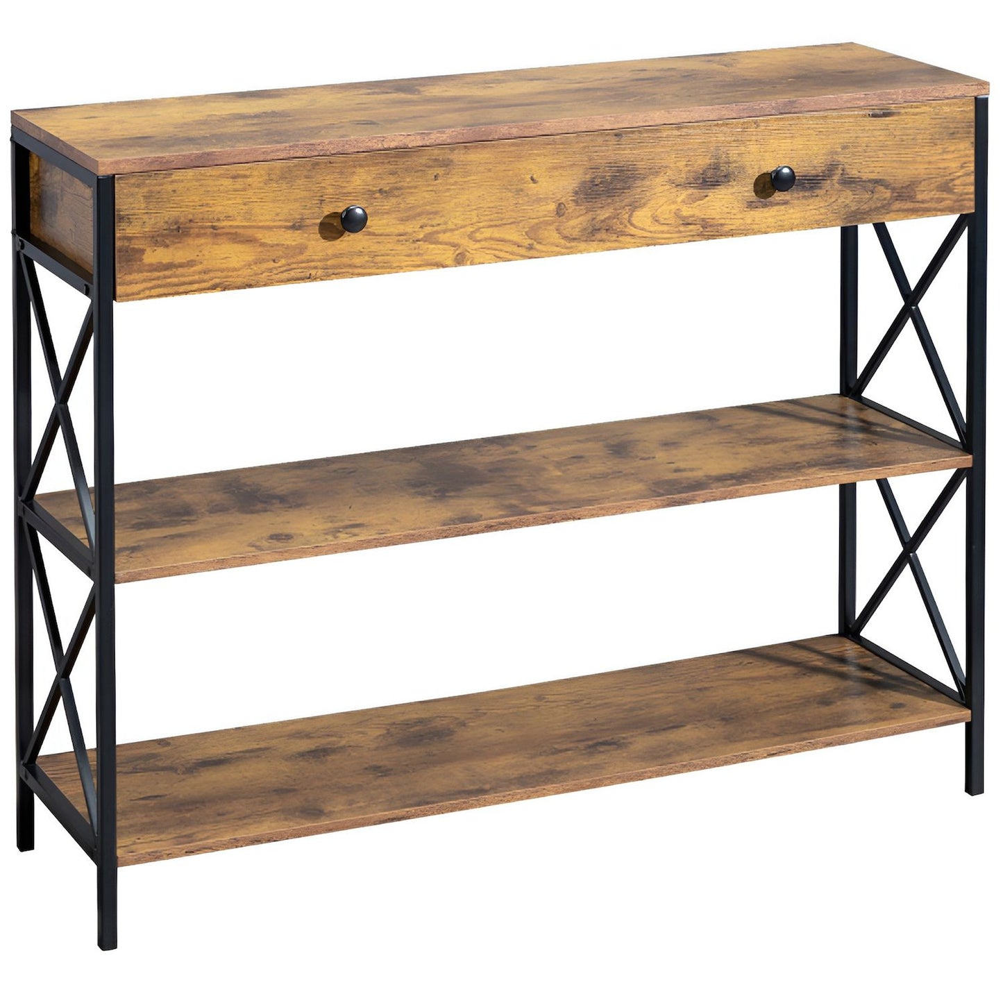 3 Tier Console Table for Entryway with Drawer and 2 Open Storage, Industrial Sofa Table