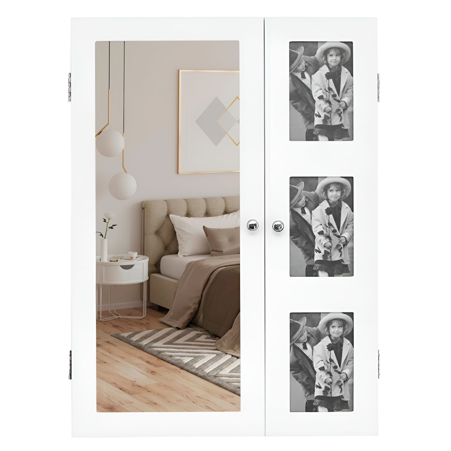 Wall-Mounted Mirror Cabinet with Photo Frame Multi-Layer Storage  Jewelry Organizer-White