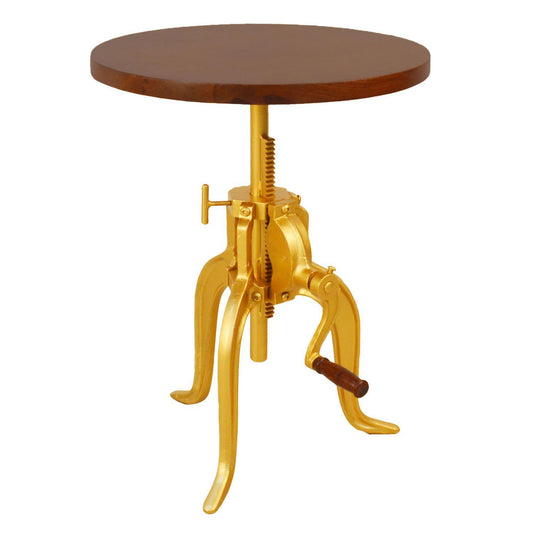 19 Brown and Gold Adjustable Crank Round Accent Table