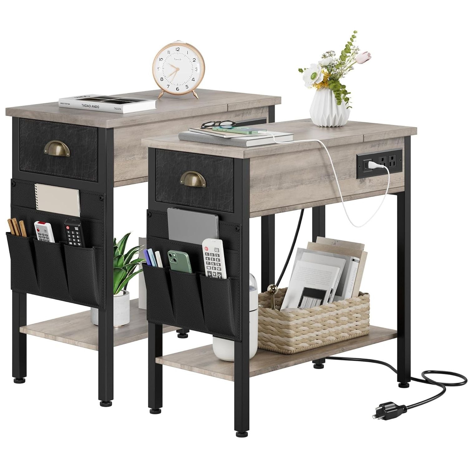 2 Pcs End Table with Charging Station, Side Table and Nightstand with USB Ports