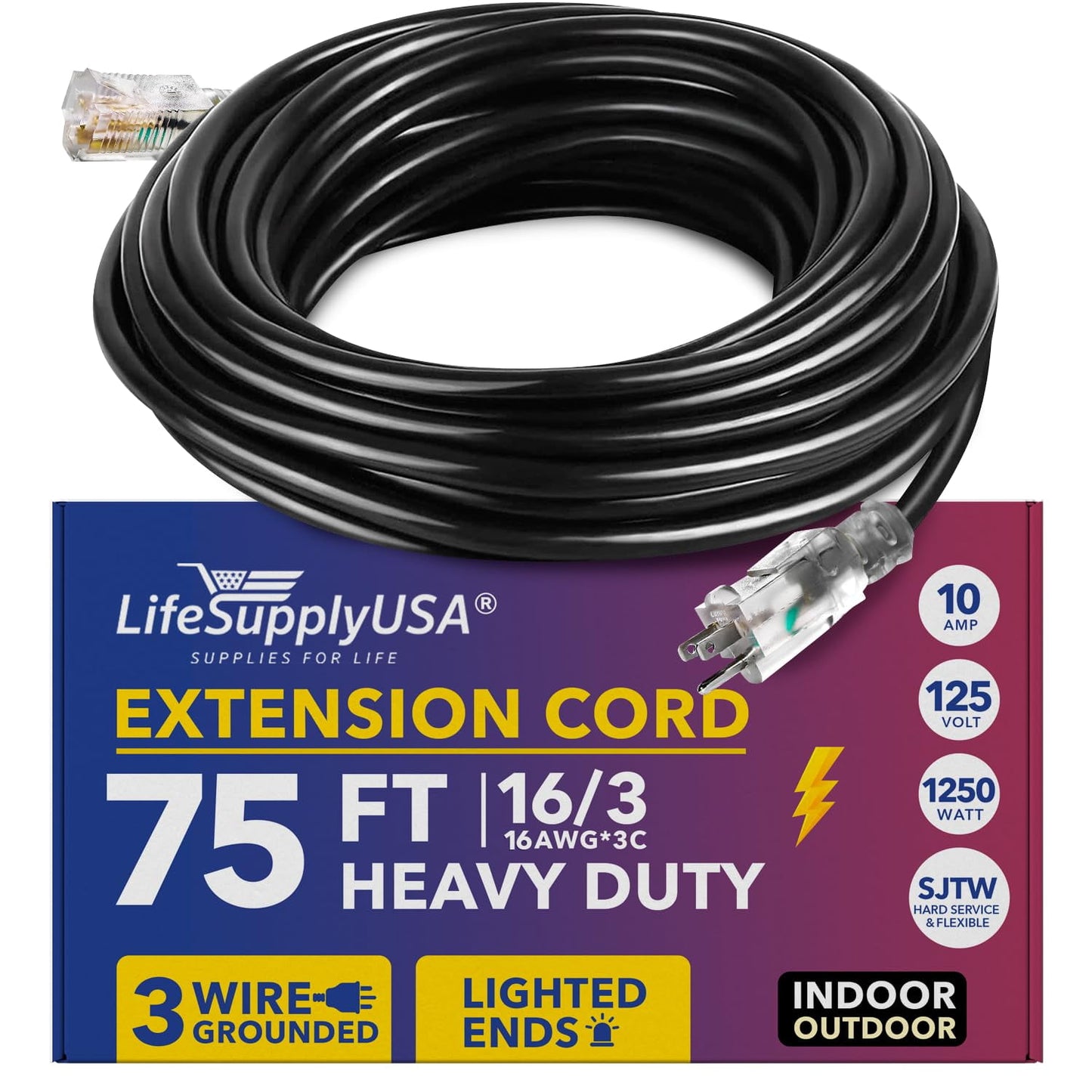 75ft Power Outdoor Extension Cord & Indoor - Waterproof Electric Drop Cord Cable - 3 Prong SJTW, 16 Gauge, 10 AMP, 125 Volts, 1250 Watts, 16/3 by LifeSupplyUSA - Black (1 Pack)