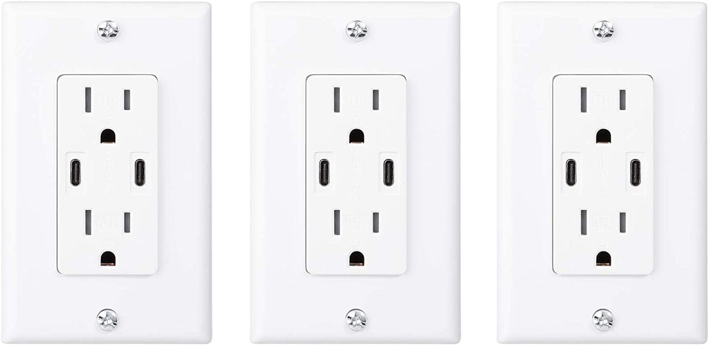 18W Dual USB Type C With Power Delivery Wall Outlet With Dual Tamper-Resistant Plugs (3-pack, White)