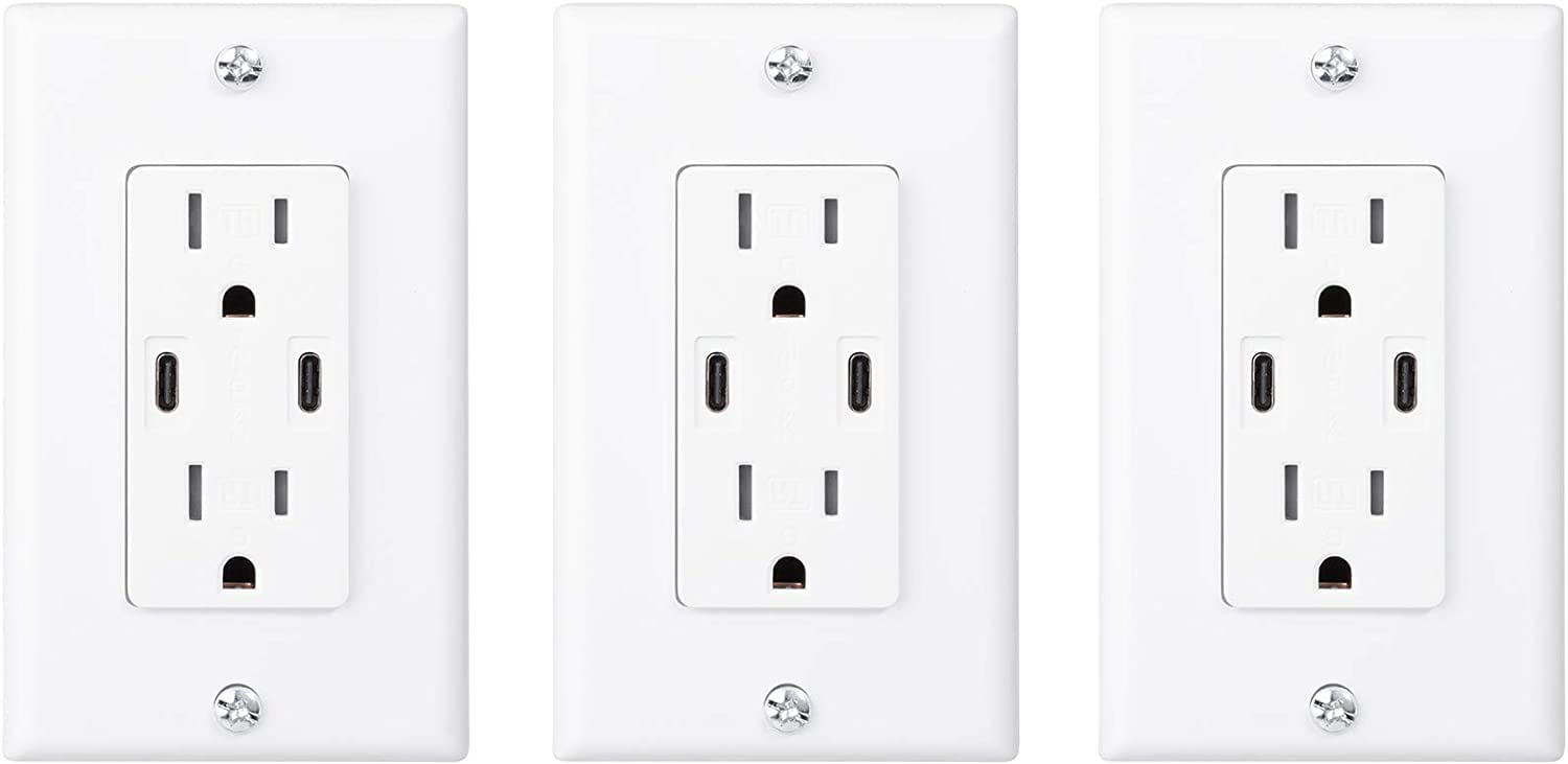 18W Dual USB Type C With Power Delivery Wall Outlet With Dual Tamper-Resistant Plugs (3-pack, White)