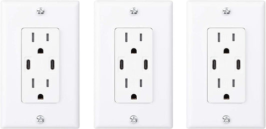 18W Dual USB Type C With Power Delivery Wall Outlet With Dual Tamper-Resistant Plugs (3-pack, White)