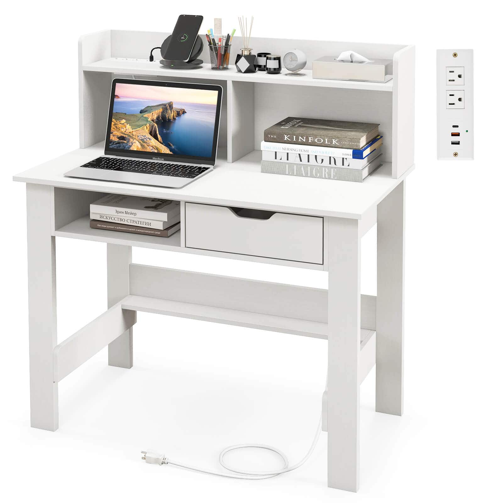 Computer Desk with Power Outlets and USB Ports and Type-C Hutch Open Shelf Drawer