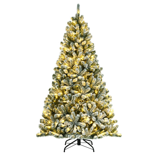 6ft Pre-lit Snow Flocked Hinged Christmas Tree w/ 928 Tips & Metal Stand