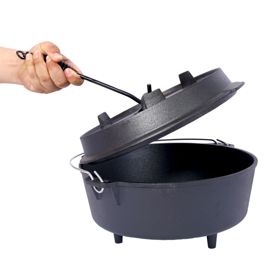 8 Quart Pre-Seasoned Cast Iron Dutch Oven with Lid and Lid Lifter Tool Outdoor Deep Camp Pot for Camping Fireplace Cooking BBQ Baking Campfire