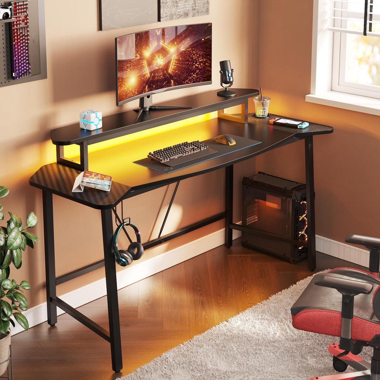 Gaming Desk with LED Lights and Monitor Stand - 63" Wide