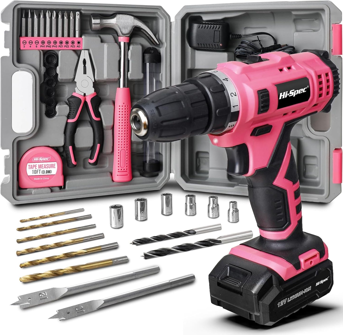 Hi-Spec 30pc Pink 12V Cordless Power Drill Driver & Household DIY Tool Set. Rapid Cordless Power Drilling and Screwdriving with Essential DIY Hand Tools & Accessories