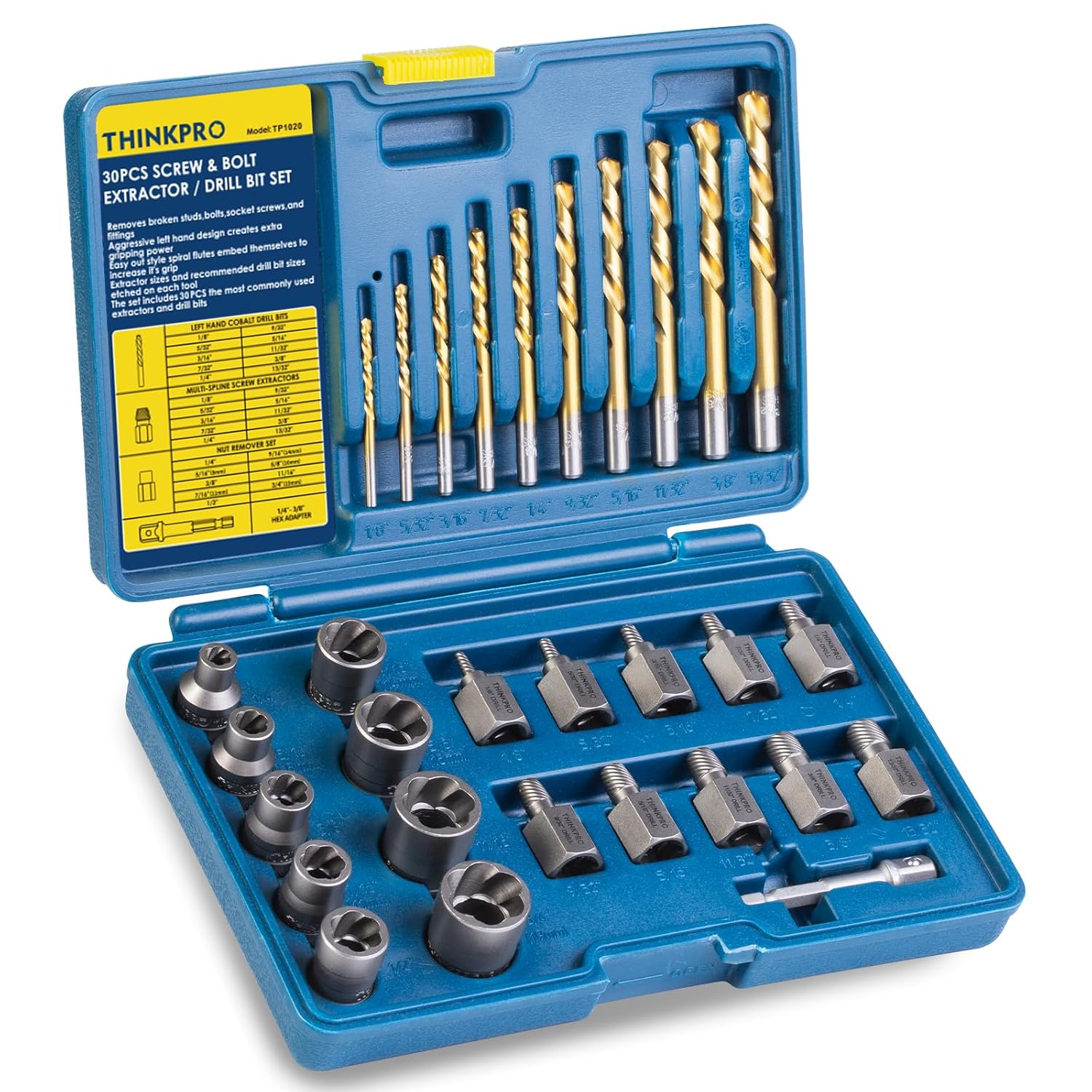 Bolt Extractor kit and Left Hand Drill Bit Set, 30 Piece EZ Out Bolt Extractor set for Broken, Damaged, Rusted, and Round-Off Studs, and Striped Bolt Remover for Automotive