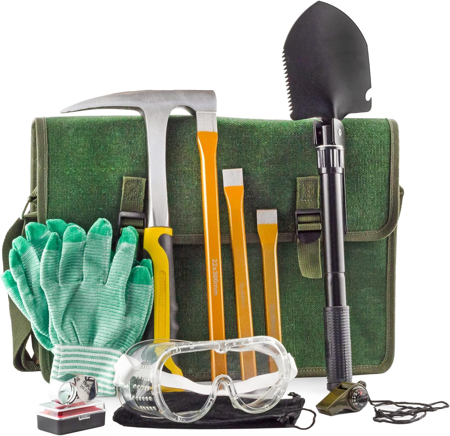 Esterno Rockhound & Rock Mining Kit (Deluxe 15-Piece Set); Rockhound Set Includes Hammer, Chisels, Musette Bag and Accessories