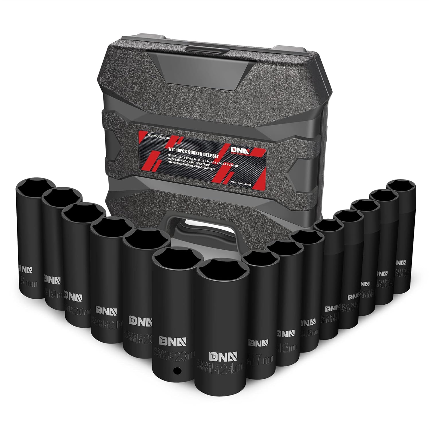 DNA MOTORING TOOLS-00146 18-Pcs 1/2-Inch Drive Metric Impact Socket Set - 10-24mm, with 3'' 5'' 10'' Extension Bar, Cr-V