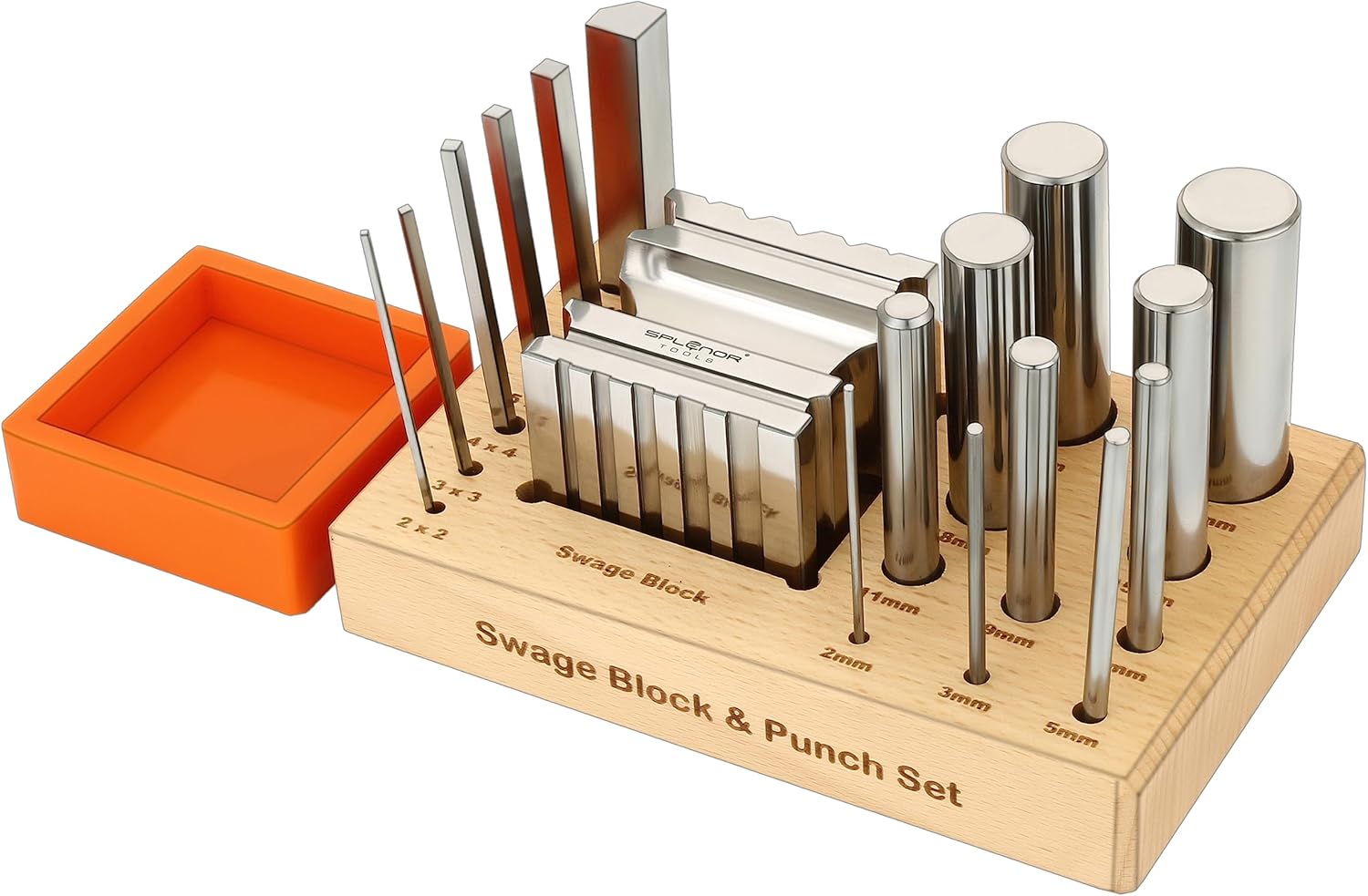 Splenor Tools Steel 2.5” Swage Block with 16 punch set - for Jewelry Making - Silversmith - Metalworking - Bench Anvil Tool