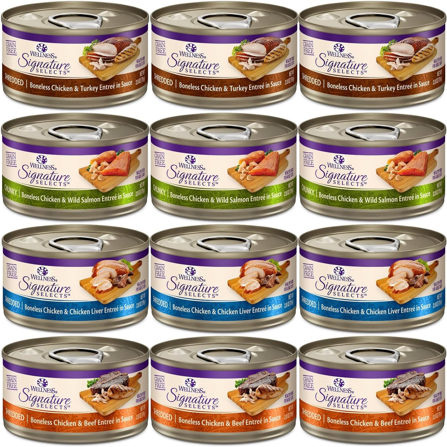 Wellness Canned Grain Free Wet Cat Food - Variety Bundle 4 Flavors Pack with Hotspot Pets Food Bowl (12 Cans) (Chicken & Beef, Chicken & Liver, Chicken & Salmon, Chicken & Turkey)(2.82oz)