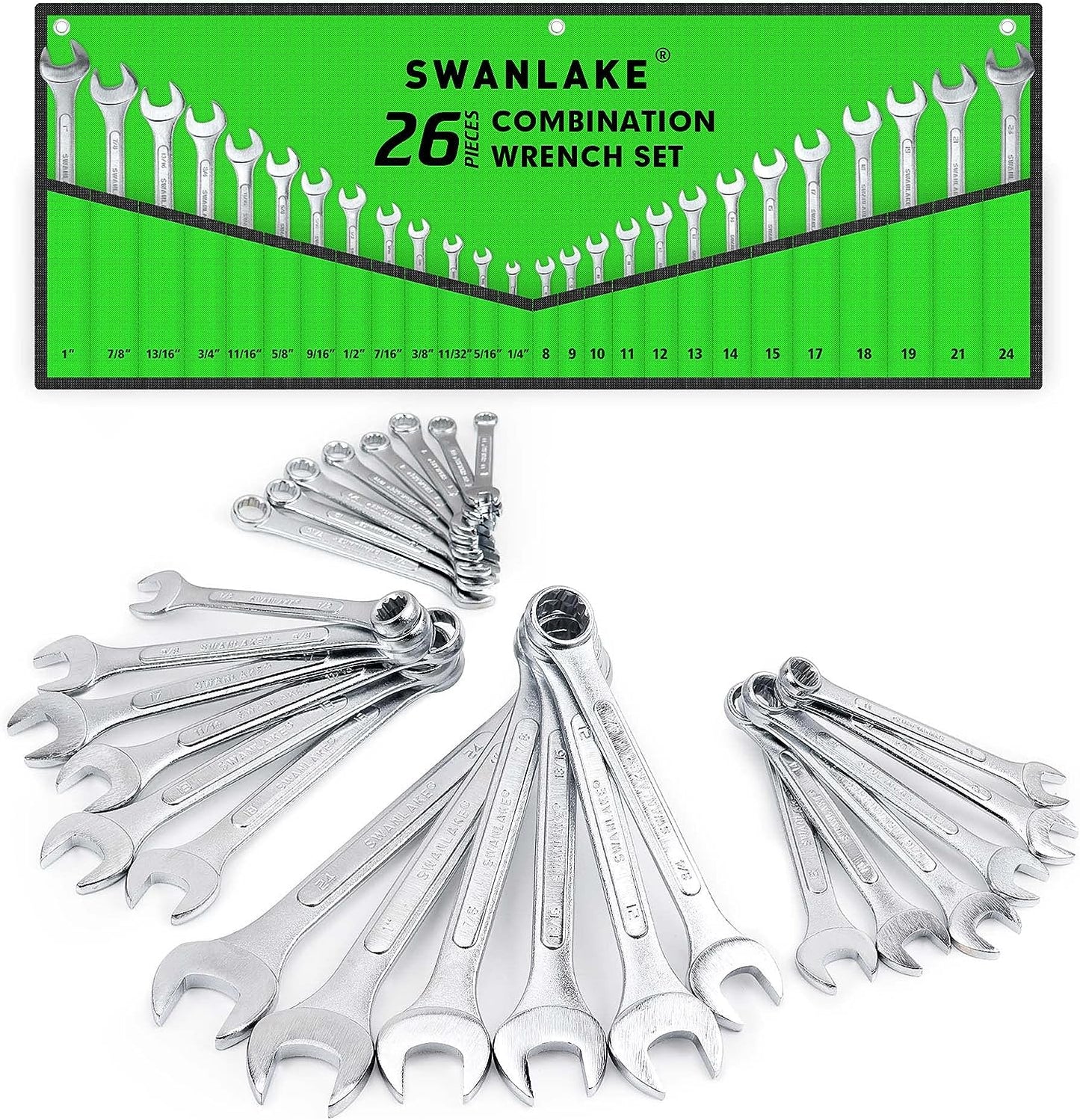 SWANLAKE 26PCS Combination Wrench Set with Roll-up Pouch, wrench set metric and standard, SAE 1/4” - 1” and Metric 8mm - 24mm