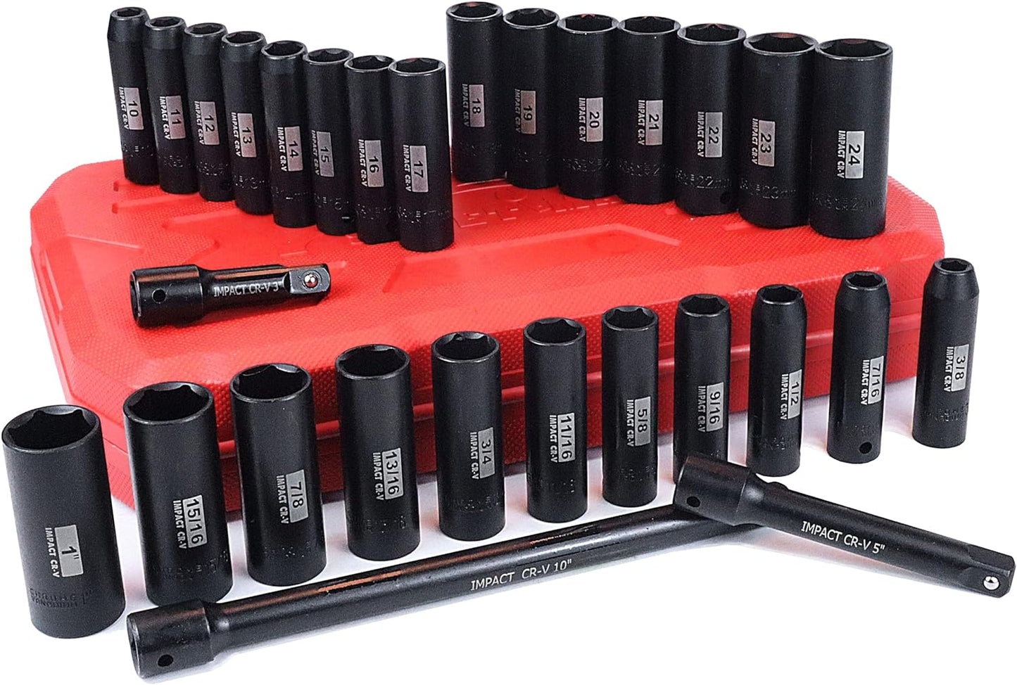 SEKETMAN 29 Pcs 1\/2-Inch Drive Impact Socket Set(3\/8" - 1", 10mm - 24mm),6 Point,CR-V Steel,Includes Extension Bar