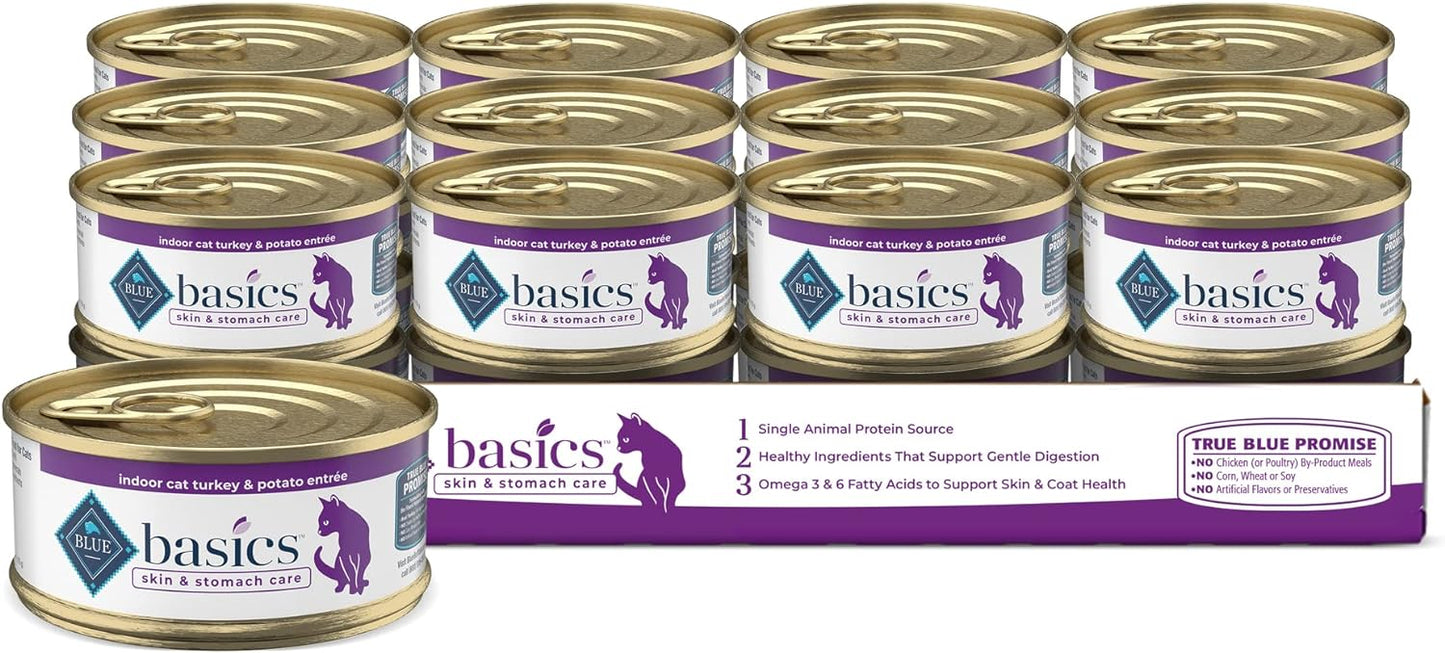 Blue Buffalo Basics Skin & Stomach Care, Grain Free Natural Adult Pate Wet Cat Food, Indoor Turkey 5.5-oz cans (Pack of 24)