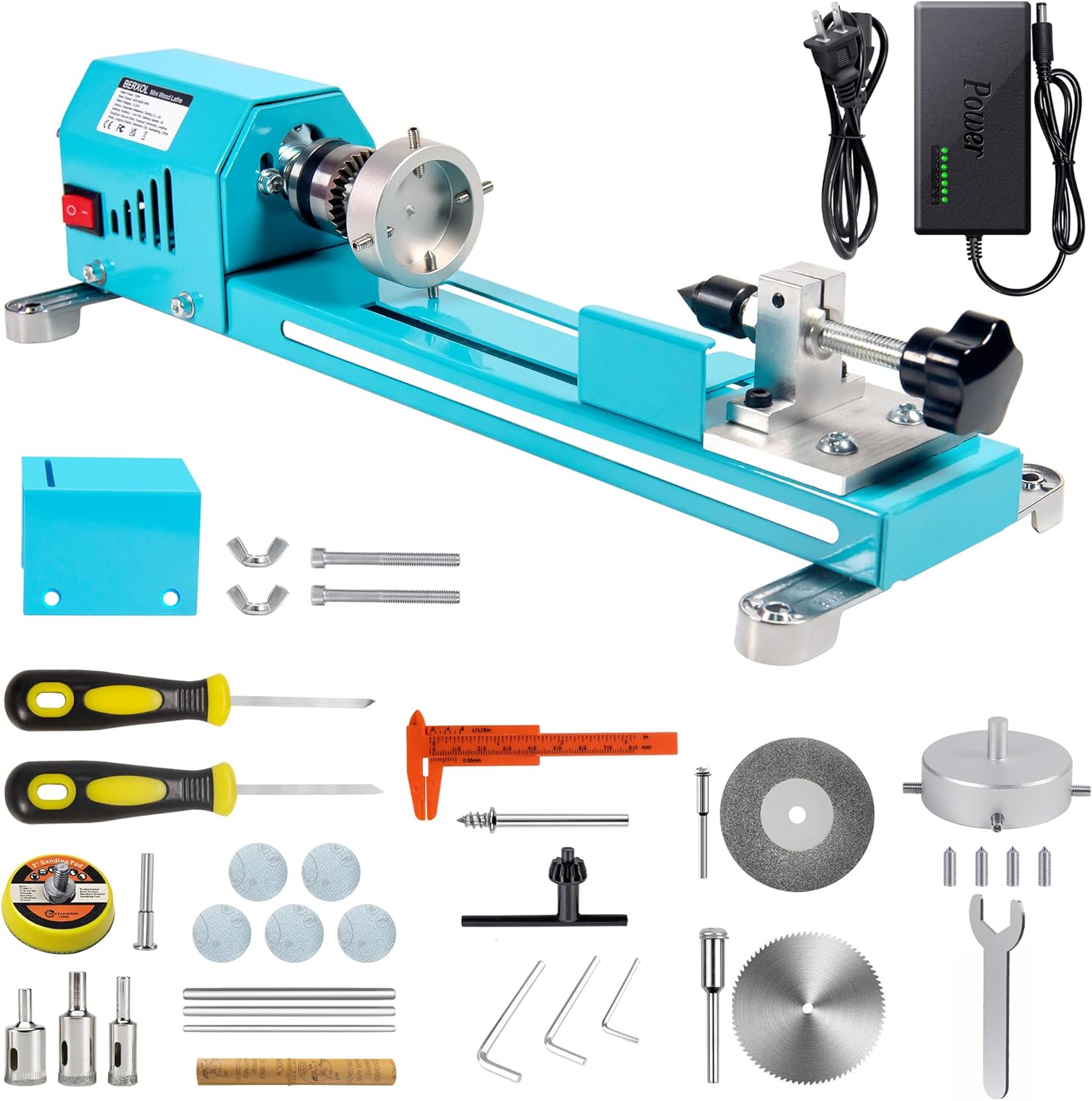 Mini Wood Lathe Machine, 12V- 24VDC,7 Variabla Speeds 4000-9000 RPM, with Wood Lathe Milling Accessories, for Wood Polishing, Grinding, Cutting and Milling DIY... (B)