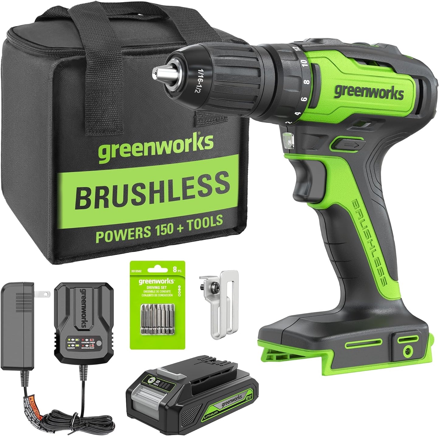 Greenworks 24V Brushless Cordless Drill Kit, 310 in.\/lbs, 18+1 Position Clutch, 1\/2 '' Keyless Chuck, Variable Speed, Battery With 2A Charger, LED Light