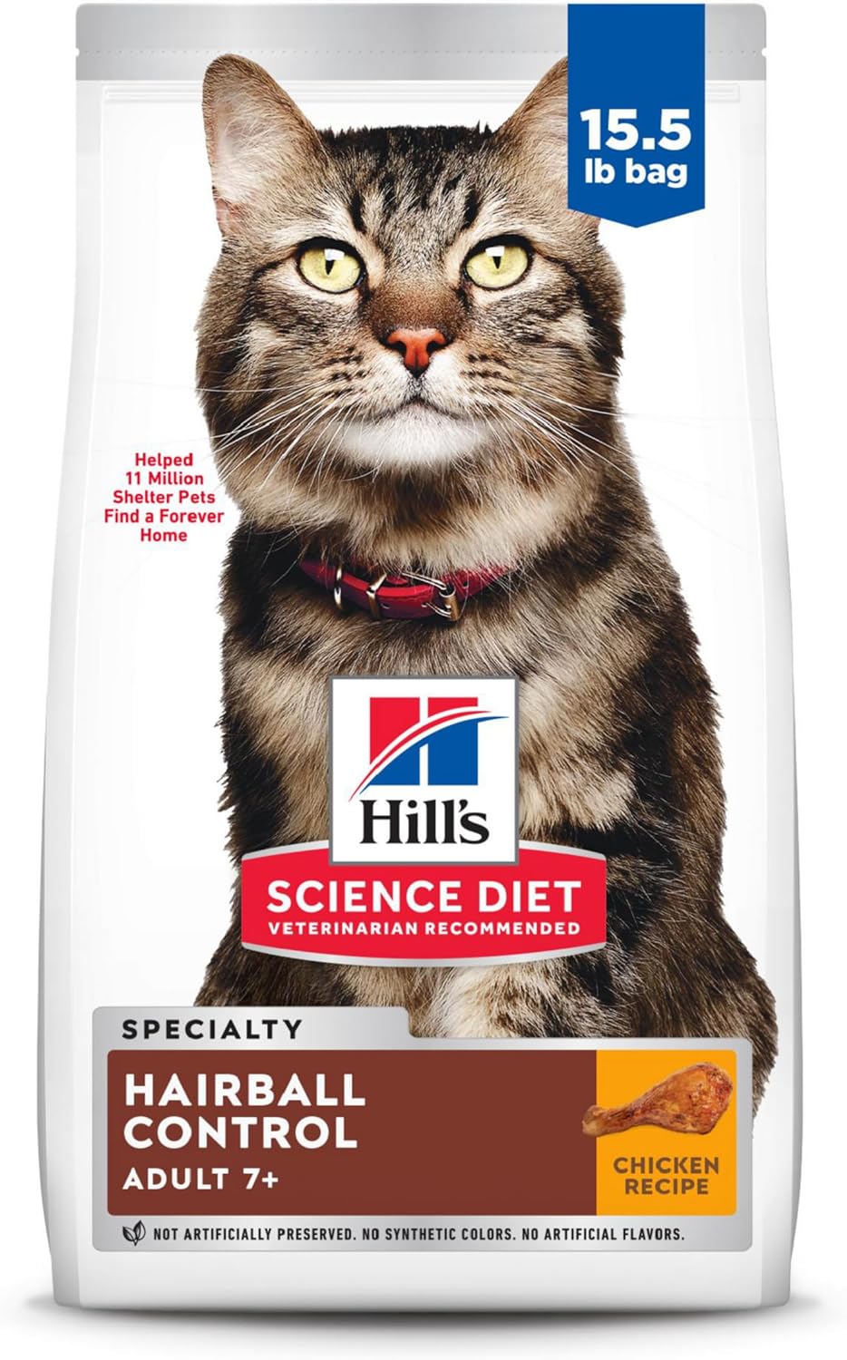 Hill's Science Diet Hairball Control, Senior Adult 7+, Hairball Control Support, Dry Cat Food, Chicken Recipe, 15.5 lb Bag