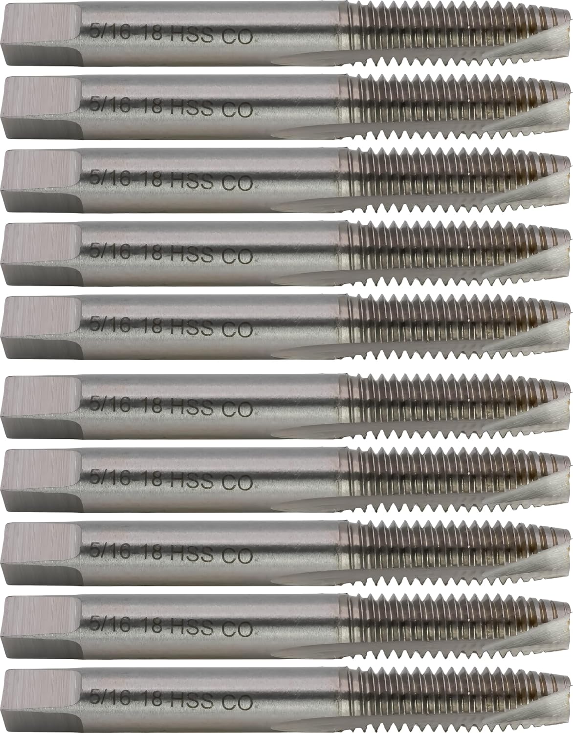 10 pcs M35 Cobalt Steel Spiral Point Threading Taps, 5\/16"-18 UNC, H3, 2 Flute, Bright (Uncoated) Finish