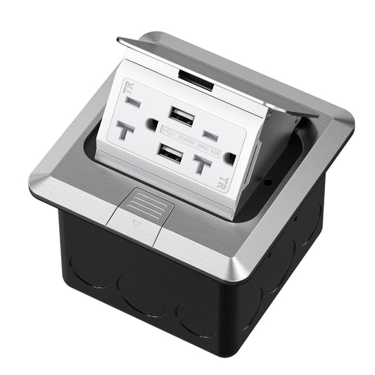 KYHSHJ 4.8A USB Chargers Pop Up Floor Waterproof Electrical Outlet Receptacle Stainless Steel Box, Silver