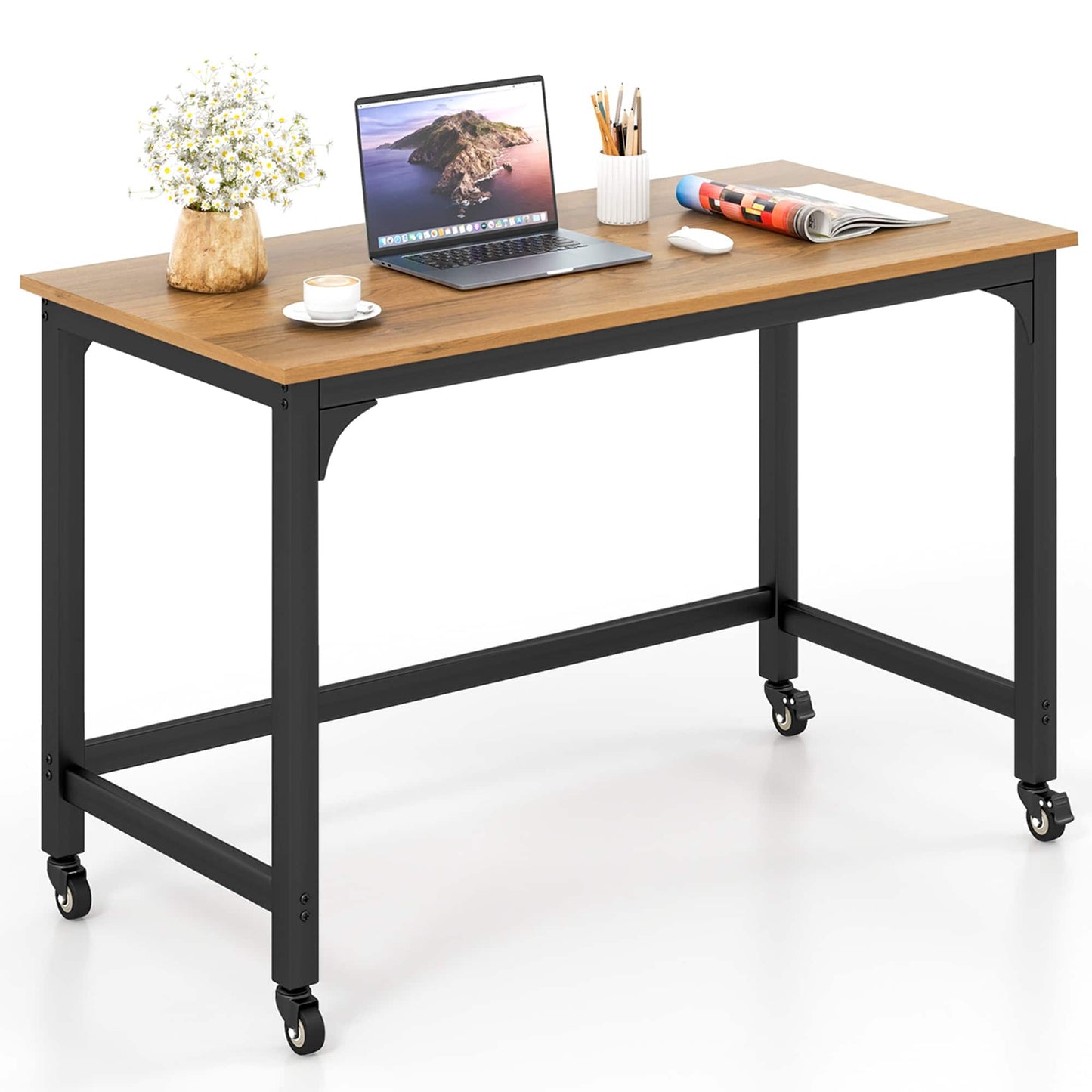 Costway Rolling Computer Desk Metal Frame PC Laptop Table Wood Top Study Workstation