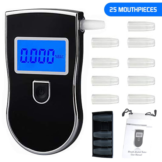 PENGXIANG Portable Breath Alcohol Tester with 25 Mouthpieces for Personal Home Use， Professional-Grade Accuracy Digital Blue LED Screen