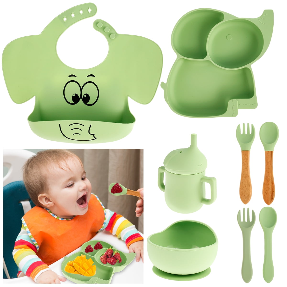 8Pcs Silicone Baby Bibs,Baby Silicone Bibs,Baby Feeding Bibs,Baby Tableware with Suction Plate Suction Bowl Spoon Fork Cup Adjustable Elephant Bibs BPA-Free Weaning Supplies