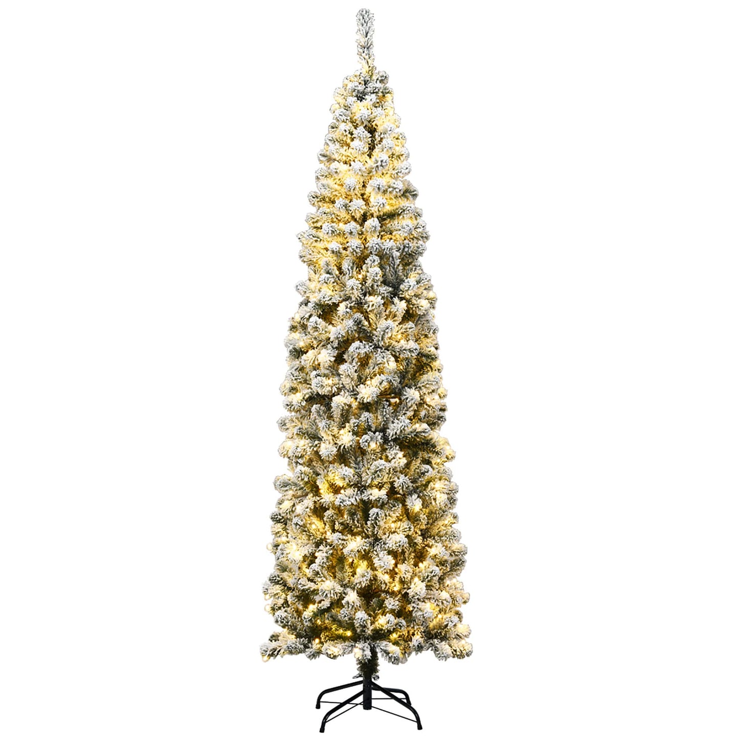 7.5Ft Pre-lit Snow Flocked Artificial Pencil Christmas Tree with 350 LED Lights