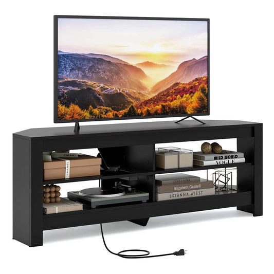 3-Tier Corner TV Stand with Power Outlet 4 Open Storage Shelves for Living Room