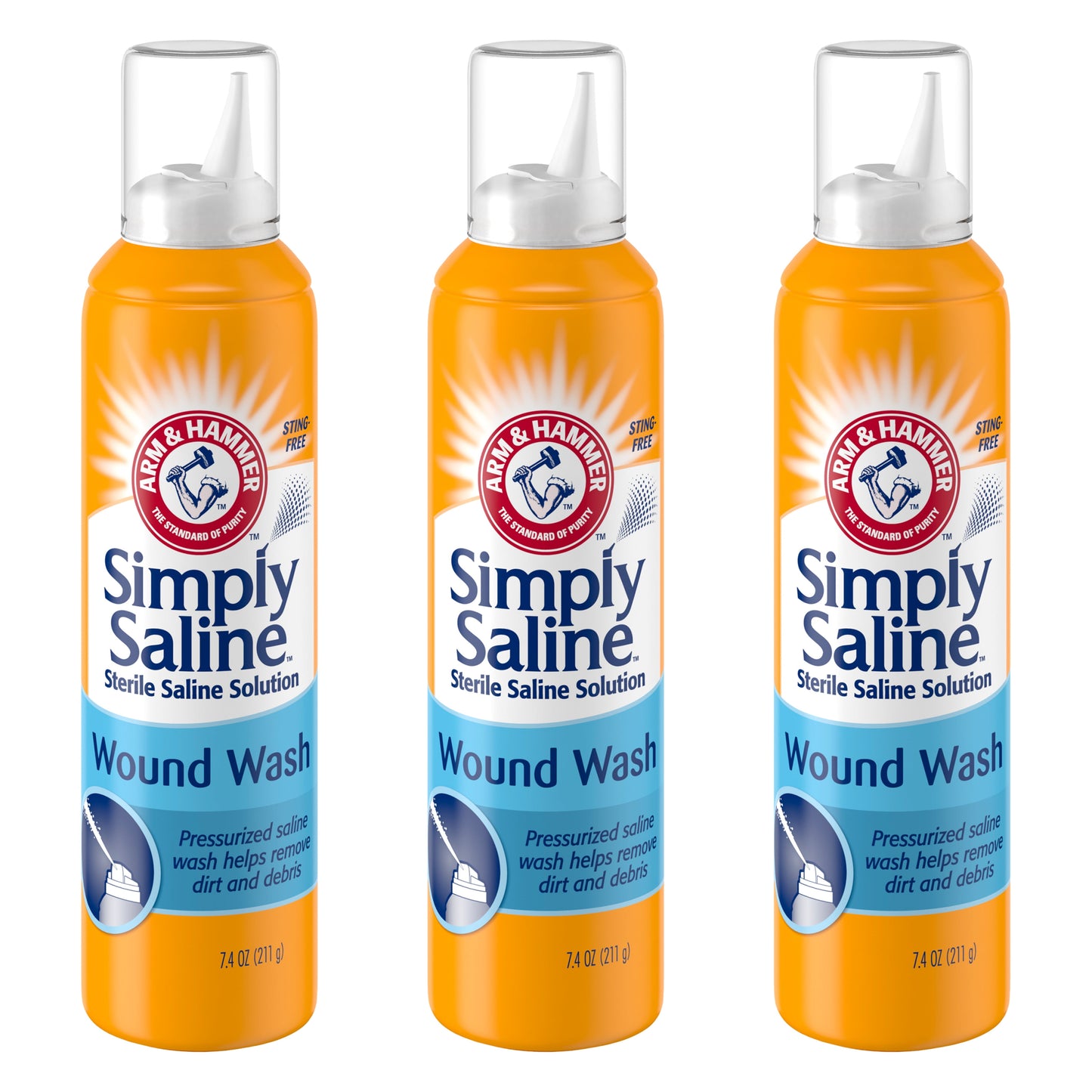 Pack of 3 Arm & Hammer Simply Saline Wound Wash Spray, Sting-Free, 7.4 oz