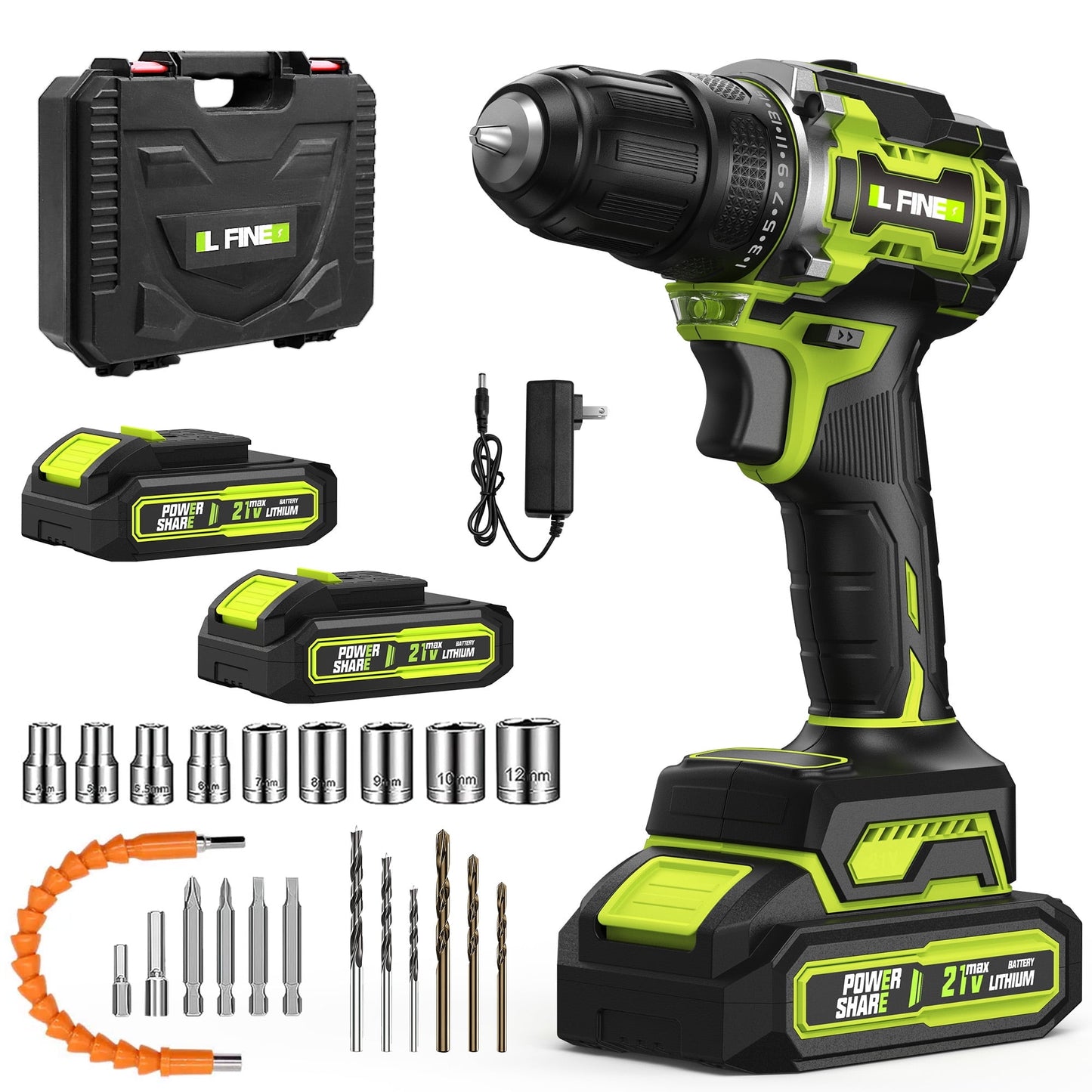 ATUPEN Cordless Power Drill Set - 21V Electric Drill with 2*2Ah Batteries 2 Variable Speed 21 Torque Setting 3/8 inch Power Tools Kit Drill Driver Accessories,Black