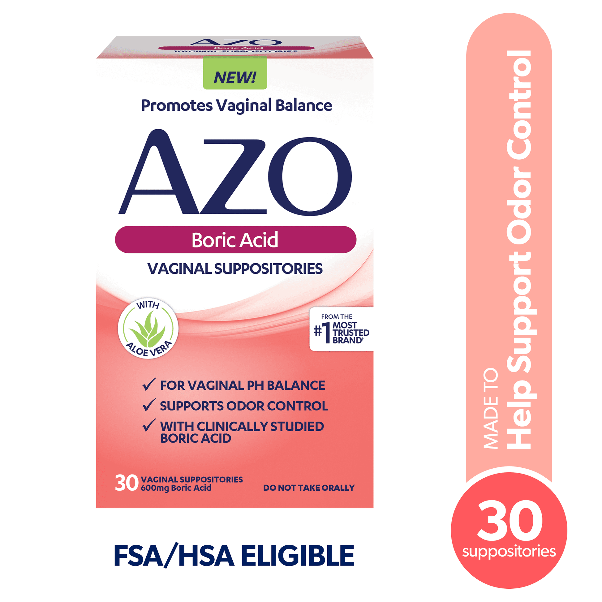 AZO Boric Acid Vaginal Suppositories, for Odor Control & Vaginal PH Balance, 30 Count