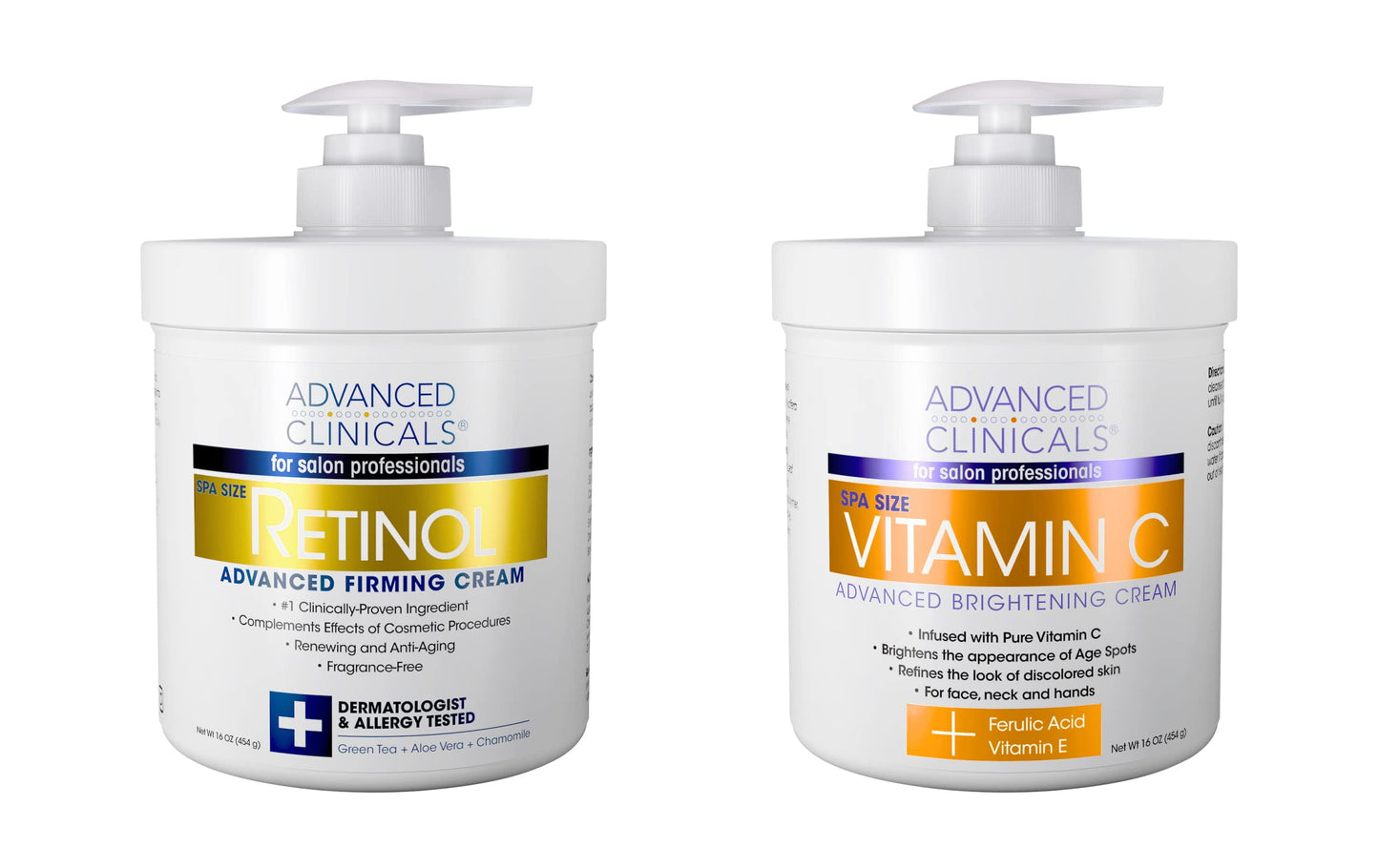 Advanced Clinicals Anti Aging Retinol Cream + Brightening Vitamin C Body Cream. Two 16 fl oz