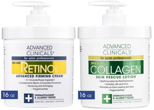 Advanced Clinicals Moisturizing Collagen Body Lotion and Anti Aging Firming Retinol Body Cream Set. Two 16 fl oz